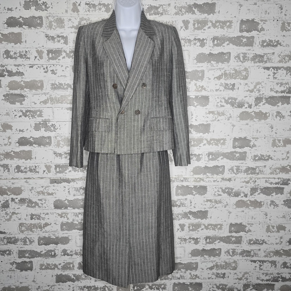 Jones New York Petite 2 Piece Skirt Suit Womens 6P Gray Pinstripe Linen Career